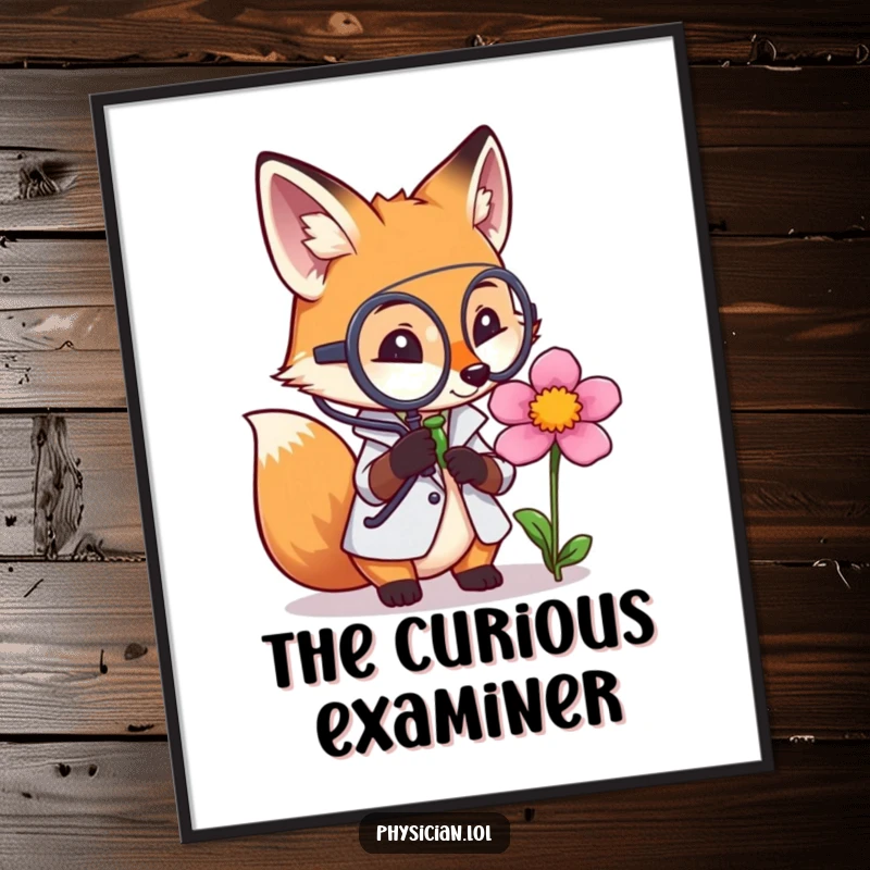 Funny digital art print of a fox doctor thoughtfully examining a flower with a magnifying glass, offering instant humorous and insightful decor.