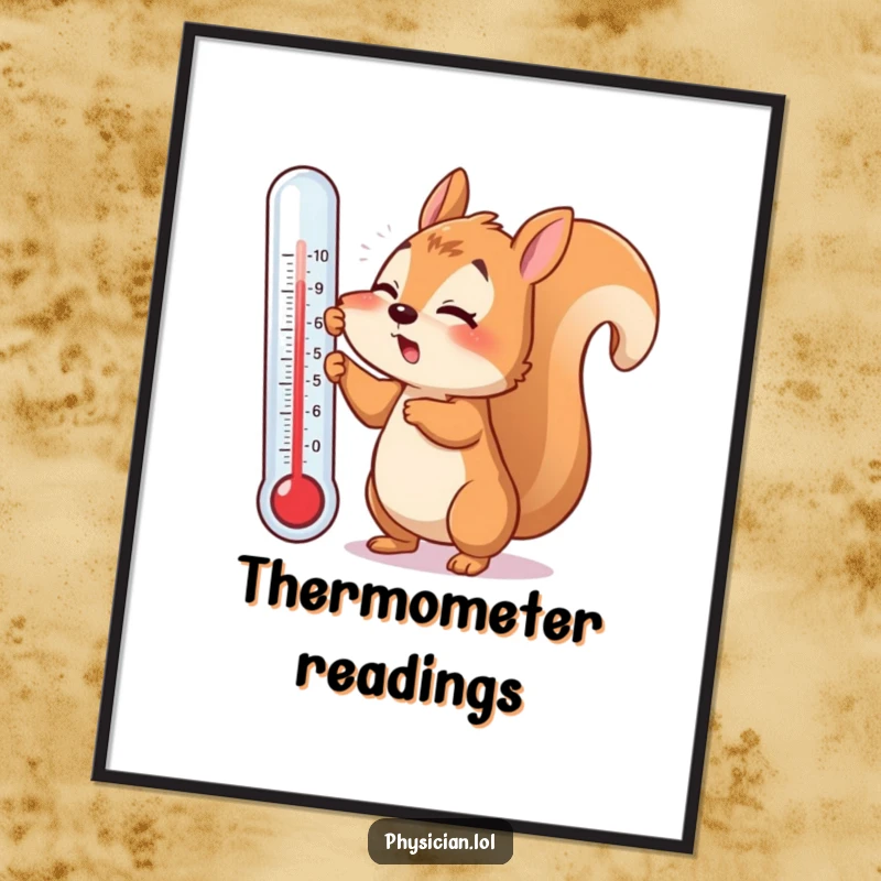 Funny digital art print of a flustered squirrel attempting to use a giant thermometer, bringing humorous get well wishes and charm.