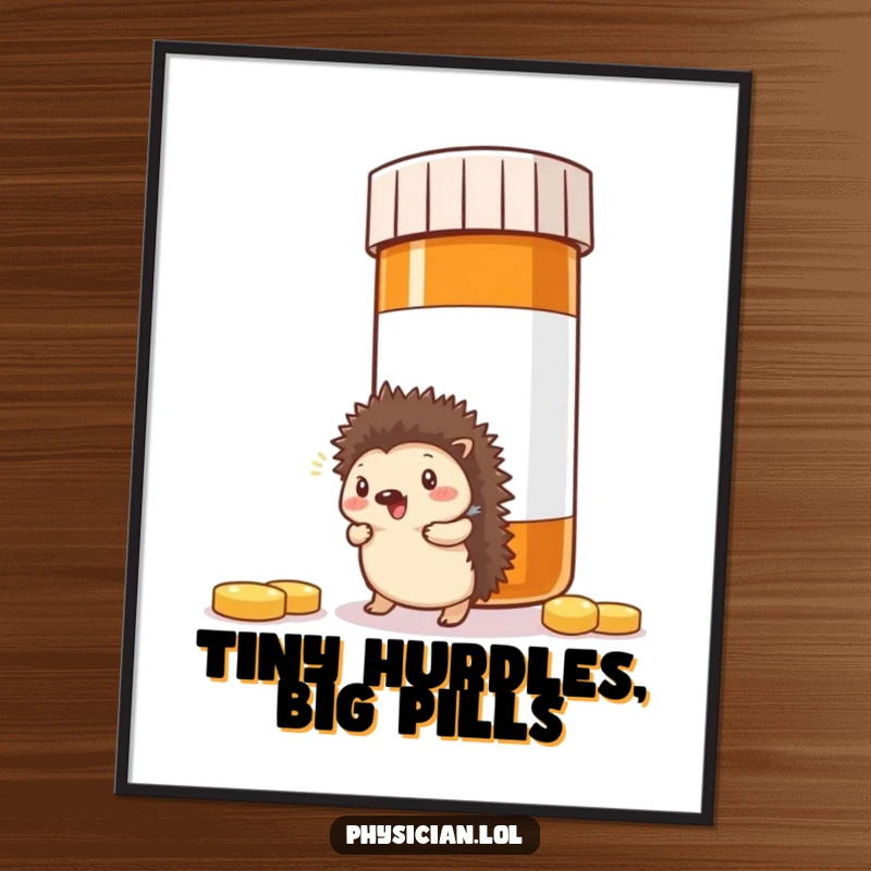 Funny Hedgehog Pill Digital Art Print: High-resolution art of a hedgehog bumping into a large pill bottle, perfect for instant, humorous wall decor.