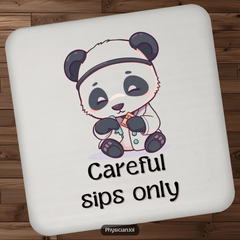 Funny drink coaster featuring a panda doctor gently applying a tiny bandage, offering humor and surface protection with care.