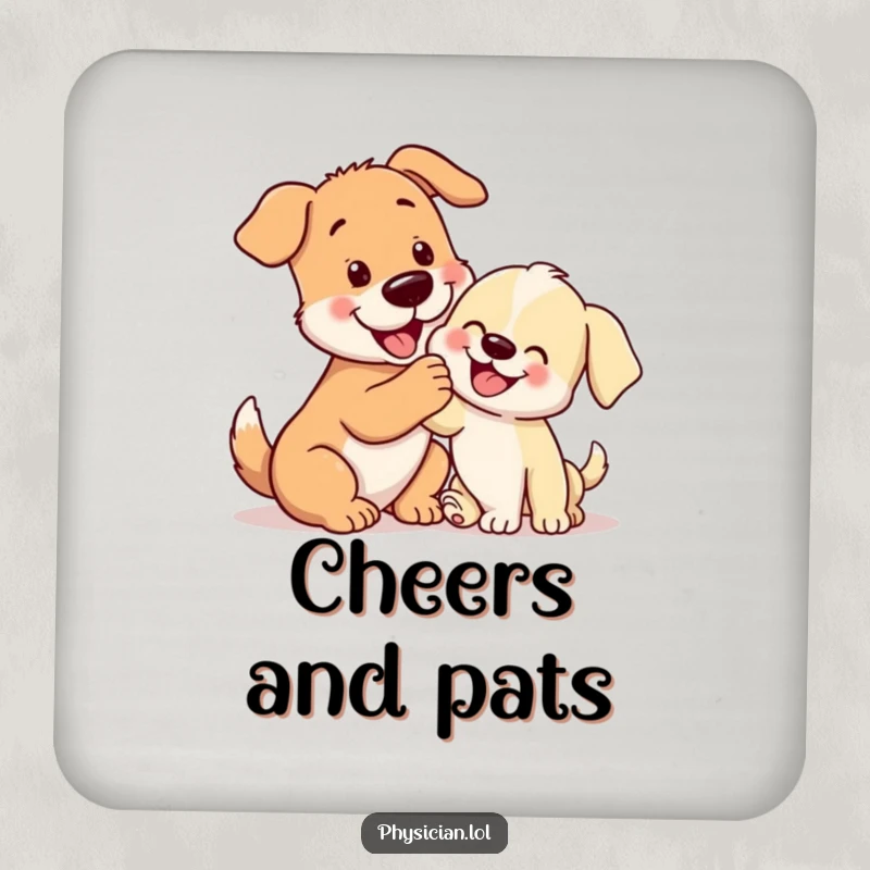 Funny dog giving a puppy a gentle pat, a cute and humorous coaster for tabletops.