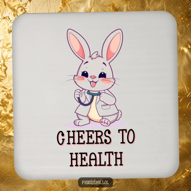 Funny drink coaster featuring a cheerful bunny doctor examining a patient, adding humor and surface protection.