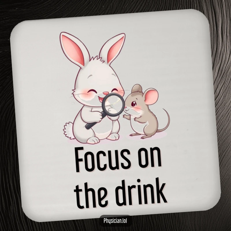 Funny rabbit doctor examining a mouse with a magnifying glass, a cute and humorous coaster for tabletops.