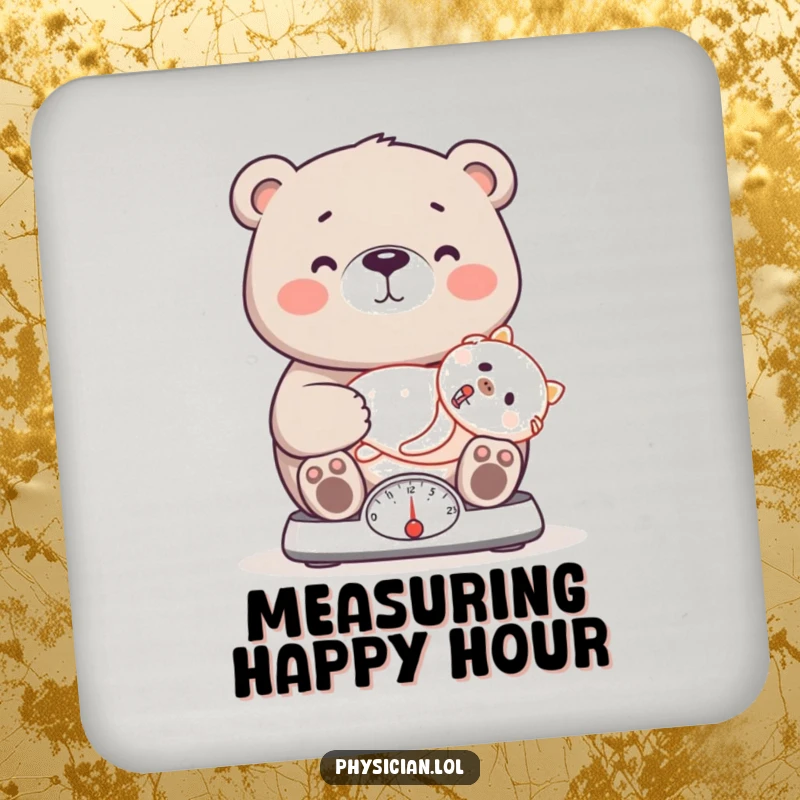 Funny bear coasters featuring a proud bear doctor weighing a patient on a scale, adding a humorous and caring touch to drink services.