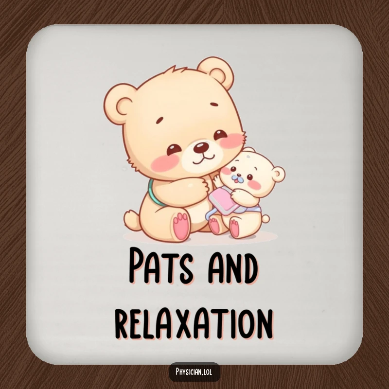 Funny bear cub coaster featuring a compassionate cub patting a tiny patient, a humorous and practical home accessory.