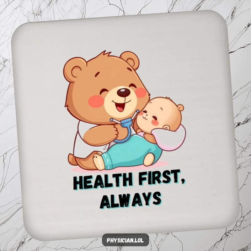 Funny drink coaster featuring a happy bear gently examining a patient with a stethoscope, protecting surfaces with medical humor.