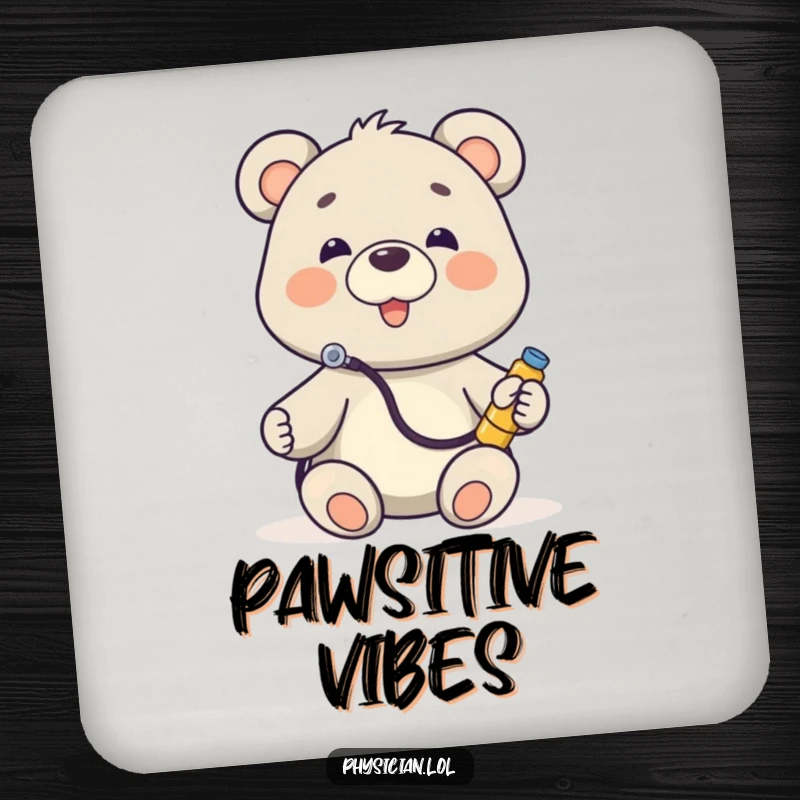 Funny Bear Doctor Coasters showcasing a cute bear with a stethoscope poised to listen to a toy, protecting surfaces with humor.