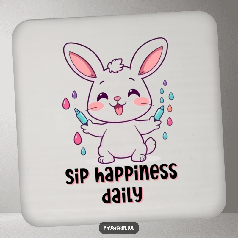 Funny drink coasters showing a cheerful bunny character happily giving colorful drops, adding humorous protection to tabletops.