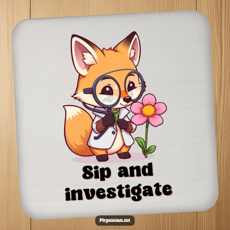 Funny drink coaster featuring a fox doctor thoughtfully examining a flower with a magnifying glass, offering humor and surface protection.