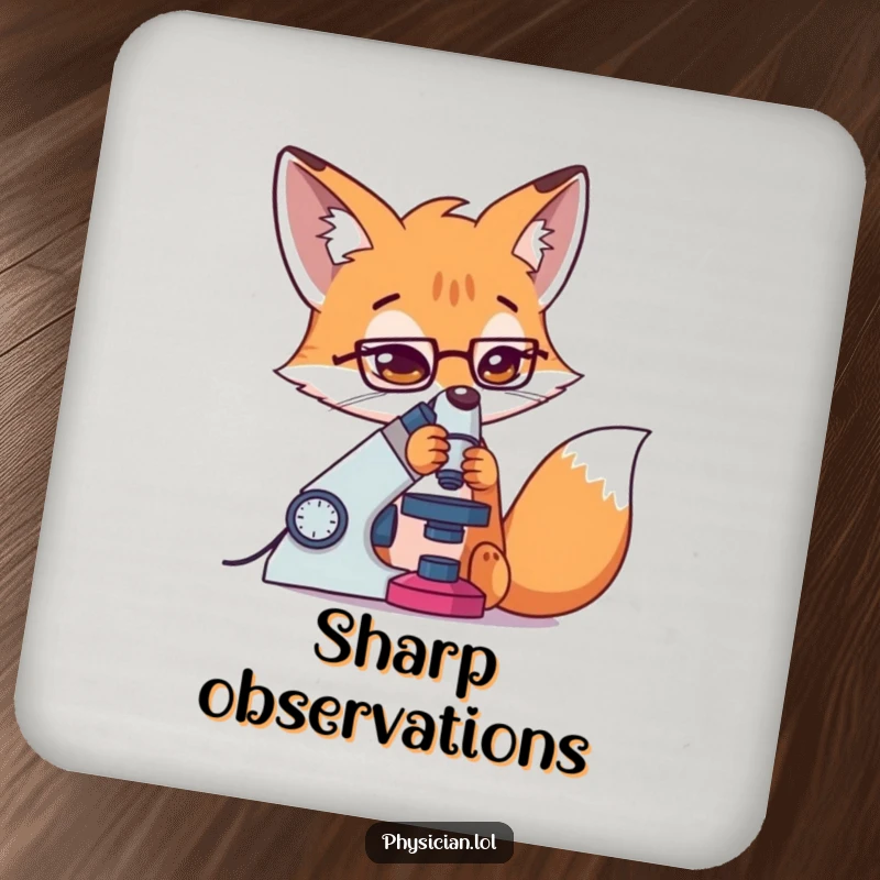 Funny Fox Drink Coaster featuring a determined fox using a microscope, adding a scientific and humorous touch.
