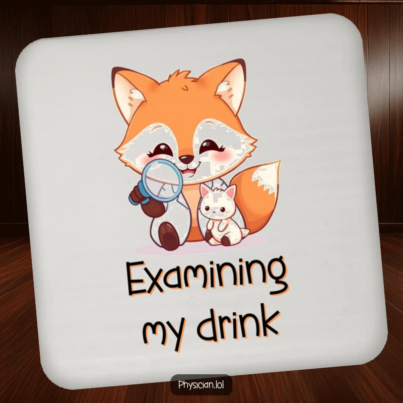 Funny Coaster: A small circular mat with a happy fox doctor examining a tiny patient, protecting surfaces with a humorous, precise design.