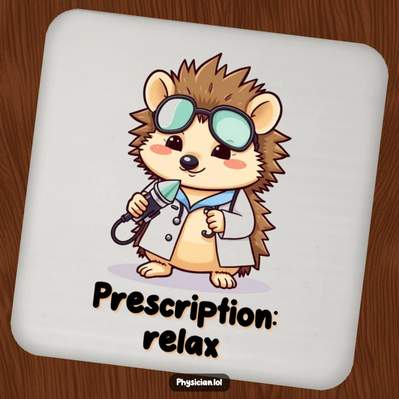 Funny hedgehog doctor drink coaster showcasing a sweet hedgehog in doctor attire, protecting surfaces with charm and humor, an ideal funny gift.