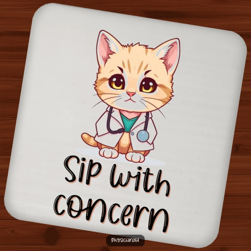 Funny drink coaster featuring a kitten doctor in a white coat looking concerned, offering humor and surface protection with feline empathy.