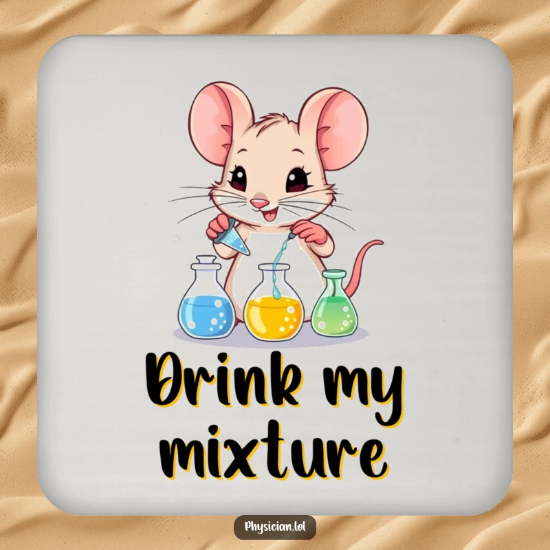 Funny mischievous mouse mixing liquids in tiny beakers, protecting your furniture with this humorous drink coaster.