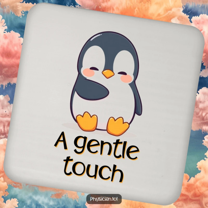 Funny Penguin Drink Coaster featuring a shy penguin giving a comforting pat, adding a touch of gentle humor to any table.