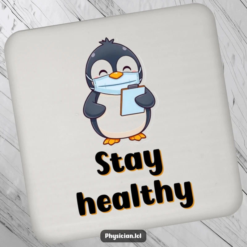 Funny Penguin Mask Coasters set featuring a happy penguin wearing a mask and holding a clipboard, protecting surfaces with witty charm.