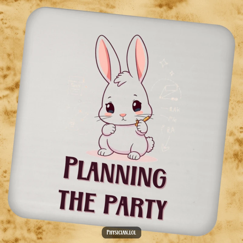 Funny Rabbit Architect Coasters featuring a determined rabbit drawing a complex diagram, protecting surfaces with precision and humor.