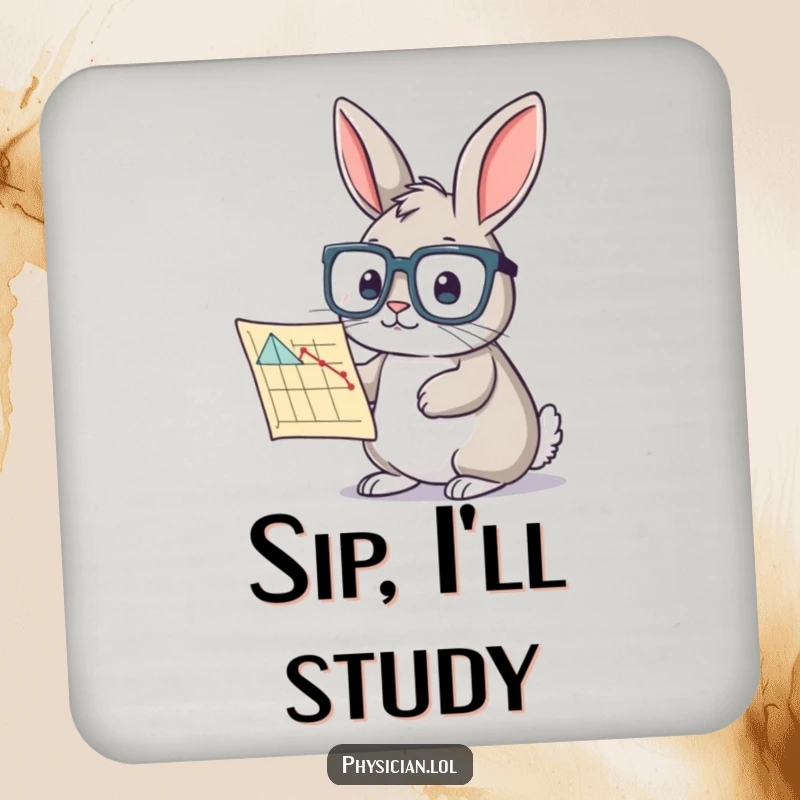 Funny rabbit chart coaster featuring a curious bunny in glasses studying a chart, protecting drinks with academic humor.