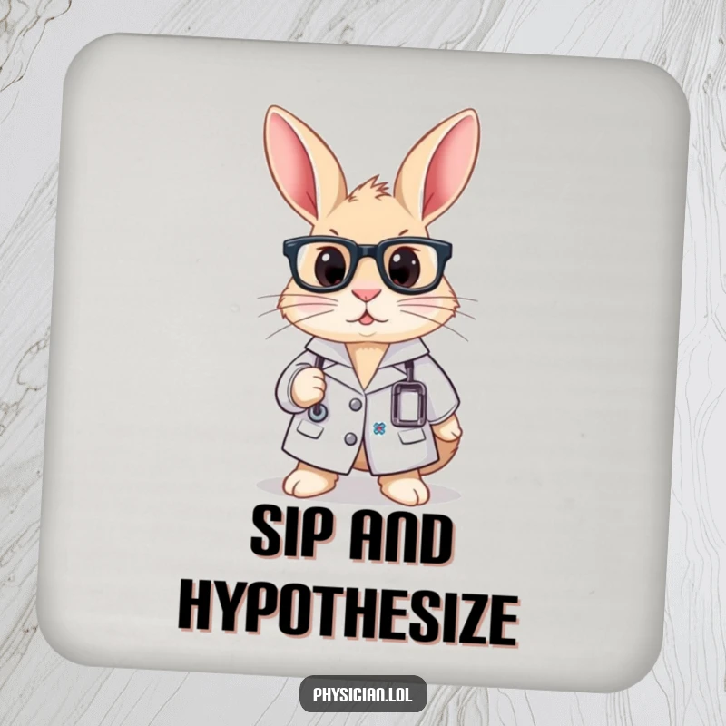 Funny drink coaster featuring a curious rabbit wearing a lab coat and glasses, protecting surfaces with scientific humor.