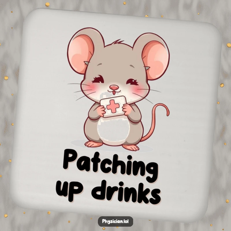 Funny shy mouse coaster, protecting a table, offering a bandage, caring and gentle home accessory.