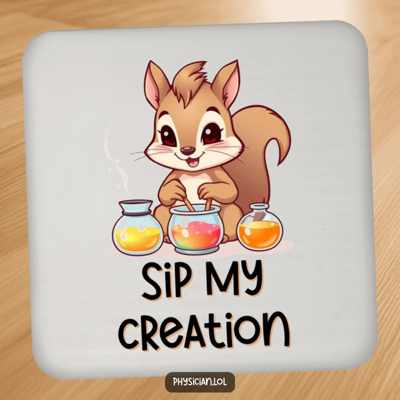 Funny brave squirrel carefully crafting a potion, protecting your table with this humorous drink coaster design.