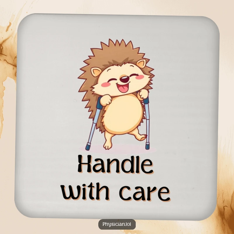 Funny hedgehog coasters showing a giggling creature doing a cartwheel on crutches, adding humorous protection to your tables.