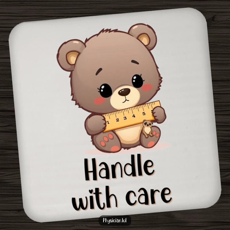 Funny coaster featuring a bear cub doctor comically measuring a tiny patient with an oversized ruler, protecting surfaces.