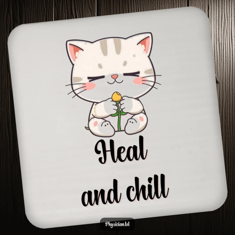 Funny drink coasters showing a determined cat character bandaging a tiny smiling sprout, adding humorous protection to tabletops.