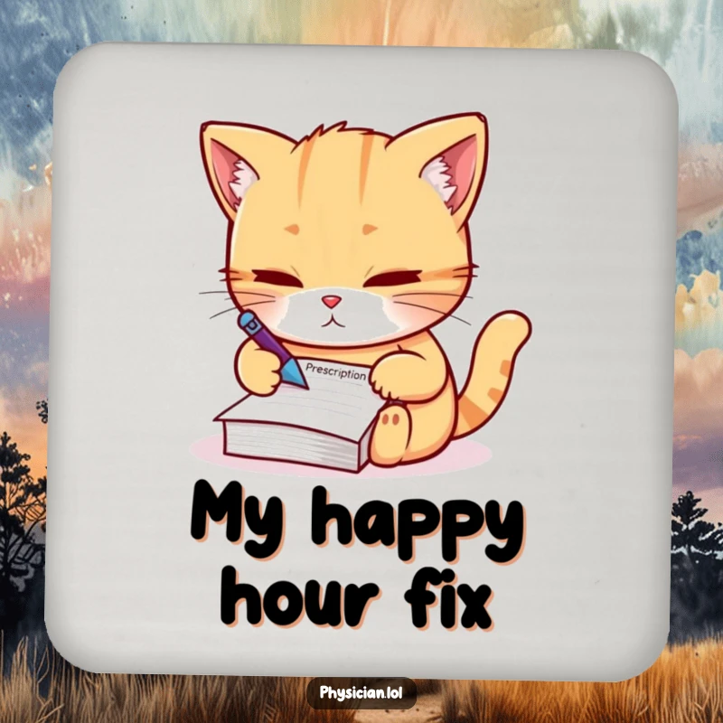 Funny Coaster: A small circular mat with a determined cat writing a prescription, protecting surfaces with a humorous and authoritative design.