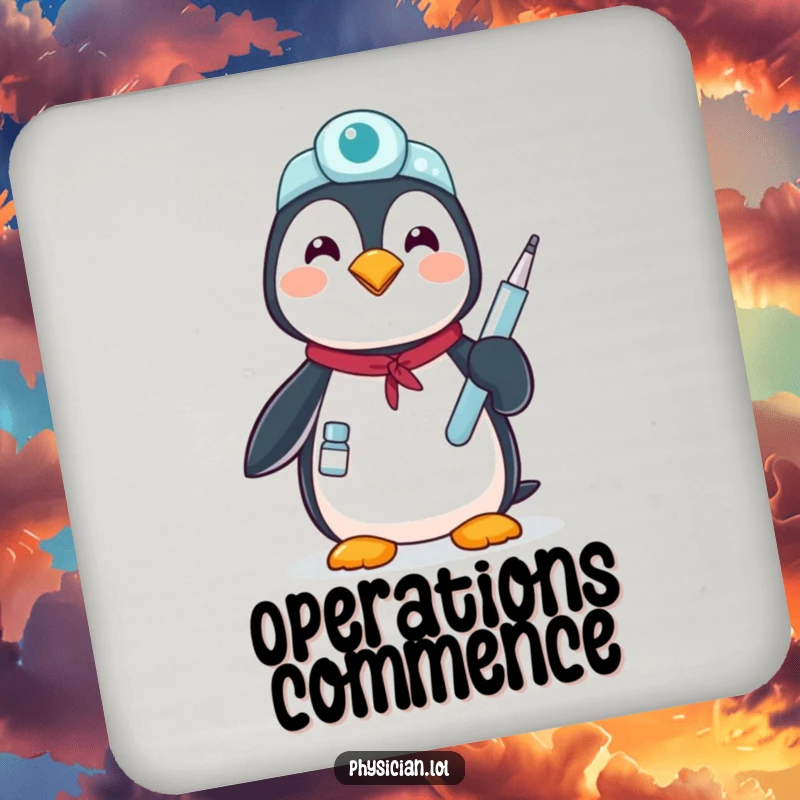 Funny proud penguin coaster: a protective coaster with a penguin doctor holding a medical tool, symbolizing care and support.