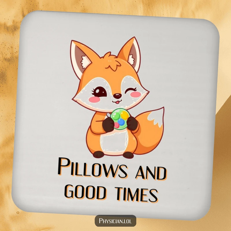 Funny fox coaster, cheerful fox prescribing a colorful pill with a wink, drink protection, humorous animal decor.