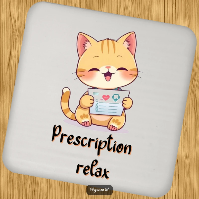 Funny drink coaster featuring a beaming cat doctor intently reading a medical chart, adding humorous medical flair to any surface.