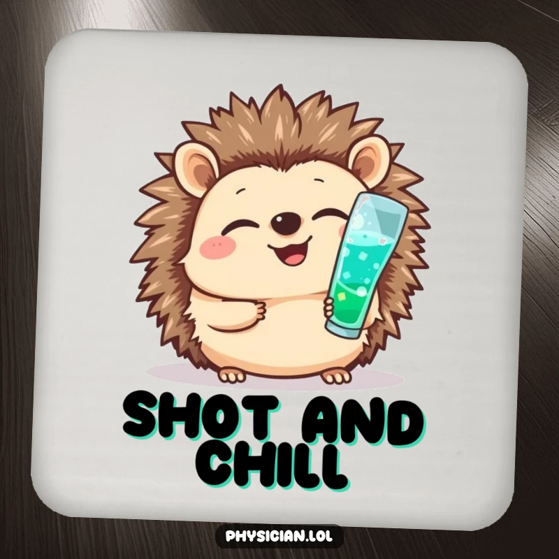Funny drink coaster featuring a giggling hedgehog nurse cheerfully administering a small shot, adding cute medical flair to any surface.
