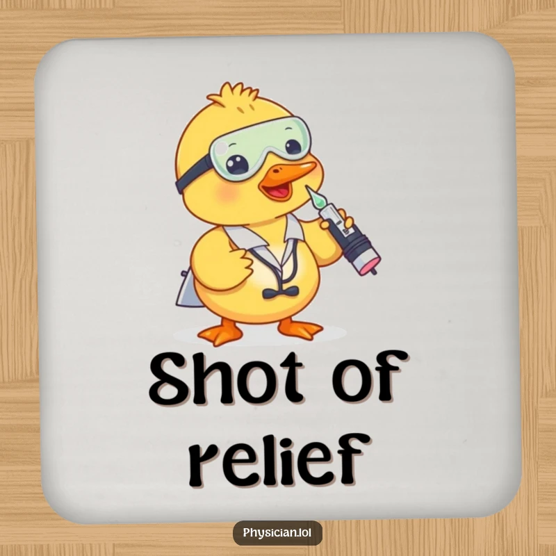 Funny duck doctor drink coaster featuring a duck giving a shot from a dropper, protecting surfaces with humor.
