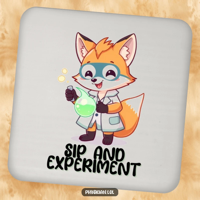 Funny Fox Scientist Coasters featuring a fox in a lab coat examining a glowing potion, offering stylish protection.