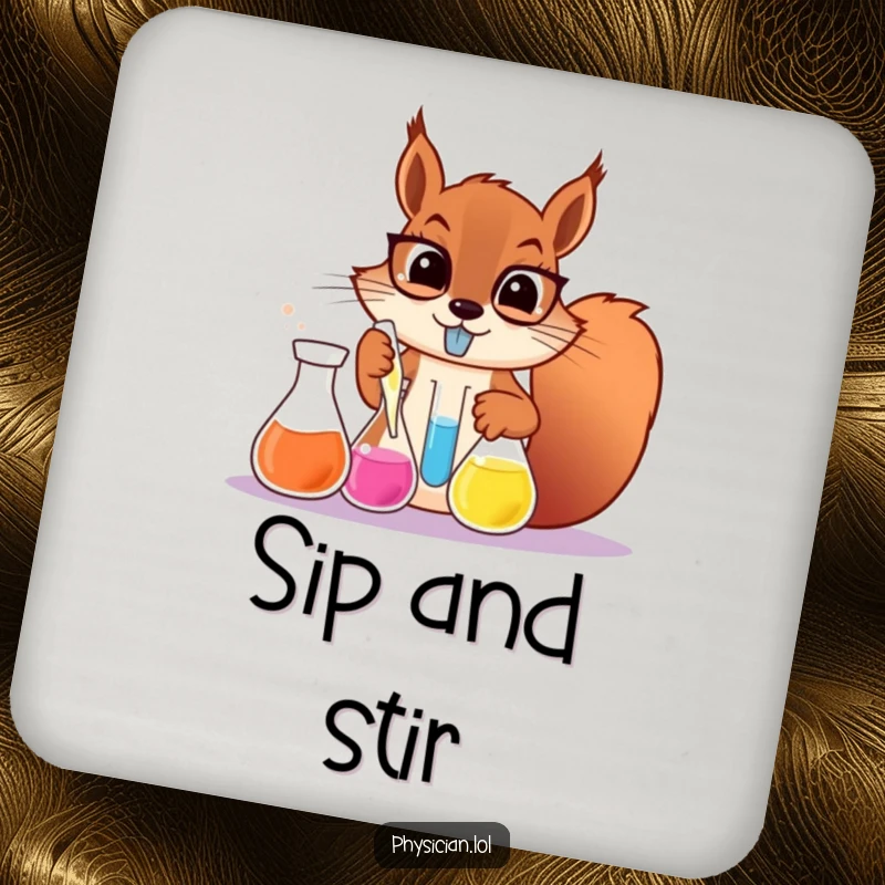 Funny determined squirrel scientist drink coaster, a squirrel mixing colorful liquids, protective and humorous home accessory.