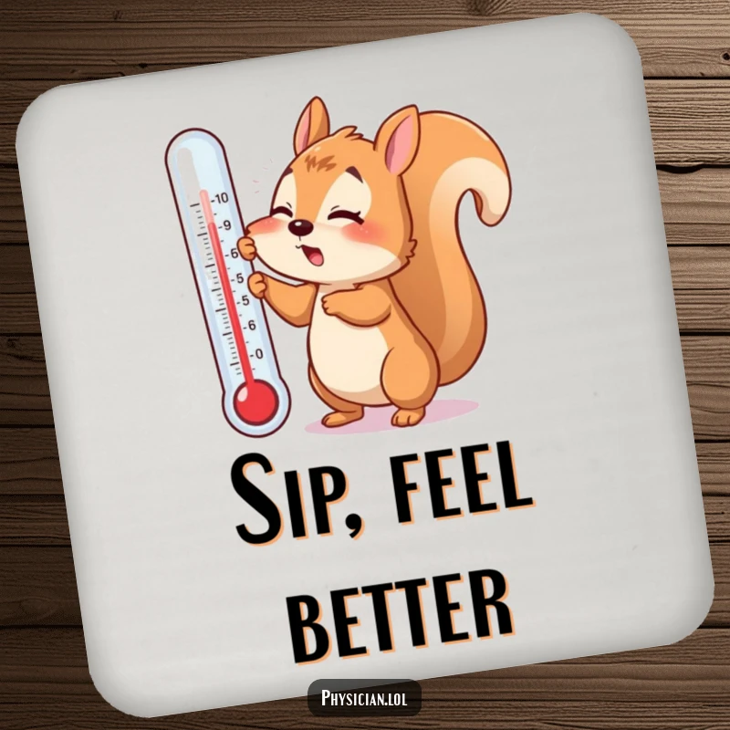 Funny drink coasters with a flustered squirrel trying to use a giant thermometer, adding humorous get well charm to surfaces.