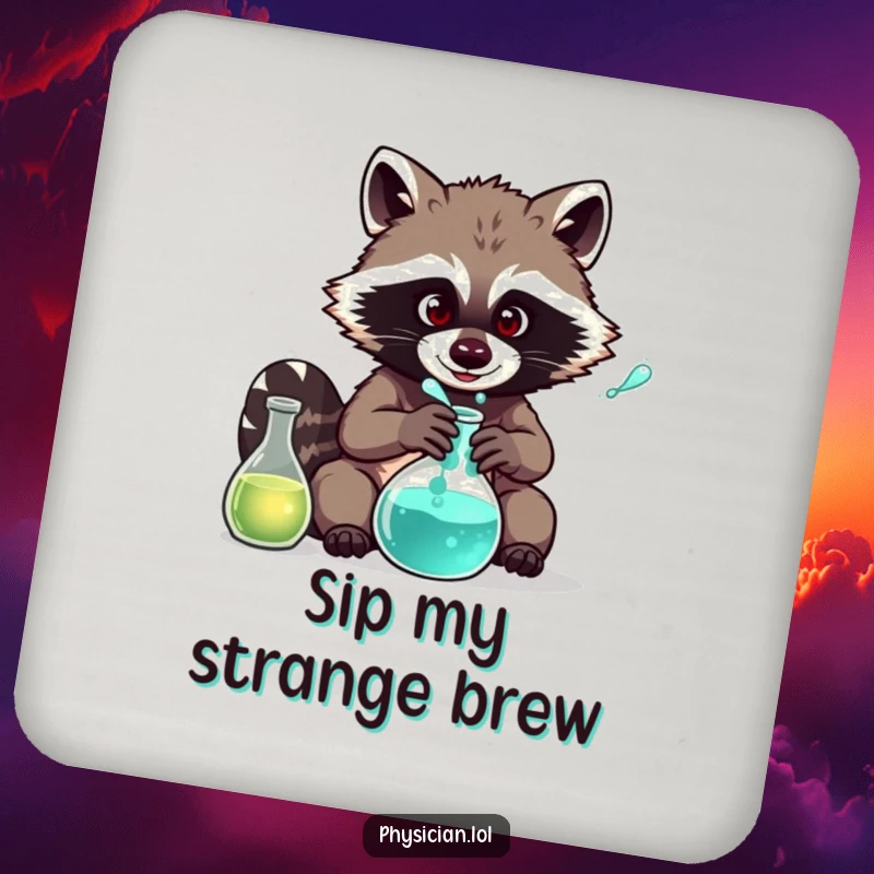 Funny Raccoon Science Coaster: Comical illustration of a raccoon brewing a potion, protecting drinks with a humorous flair.