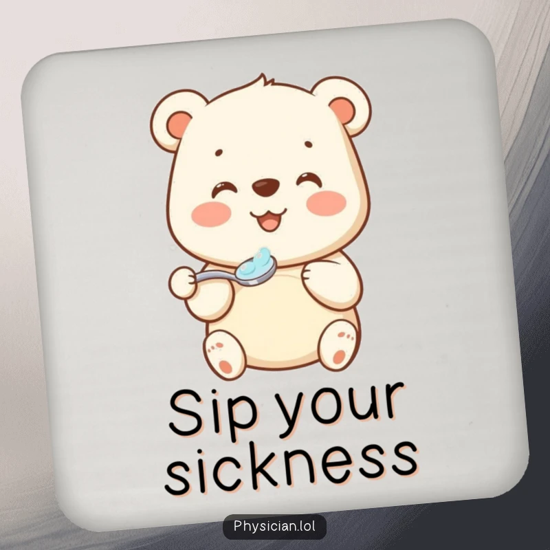 Funny bear medicine drink coaster with a beaming bear gracefully offering a spoonful of medicine, protecting surfaces with kindness.