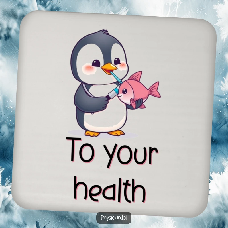 Funny penguin doctor drink coaster featuring a penguin using a thermometer on a fish, adding medical humor.
