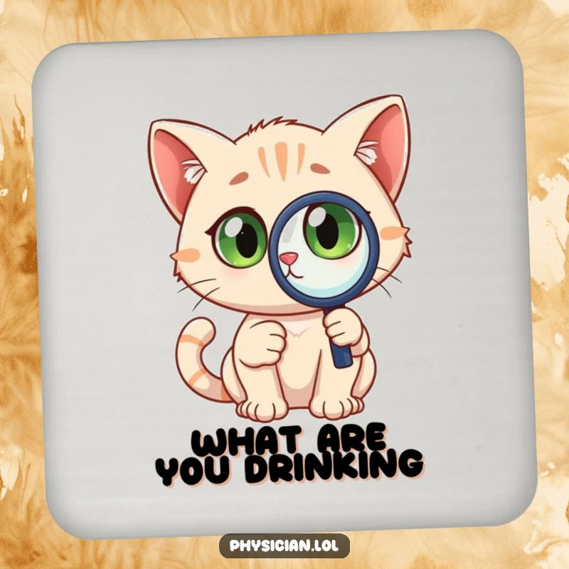 Funny Detective Cat Coasters featuring a curious cat with wide eyes holding a magnifying glass, protecting surfaces with charm.