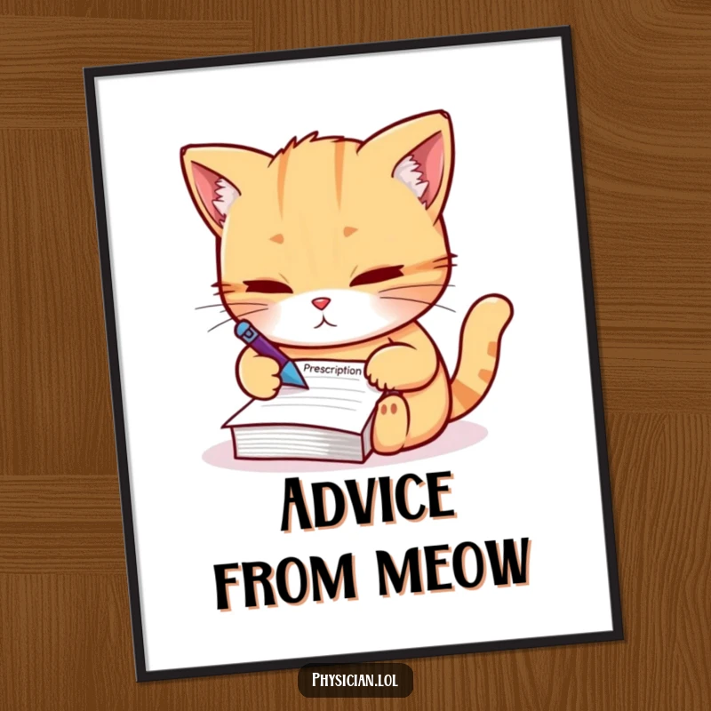 Funny Poster: Whimsical artwork of a determined cat writing a prescription, adding humorous authority and charm to any wall.