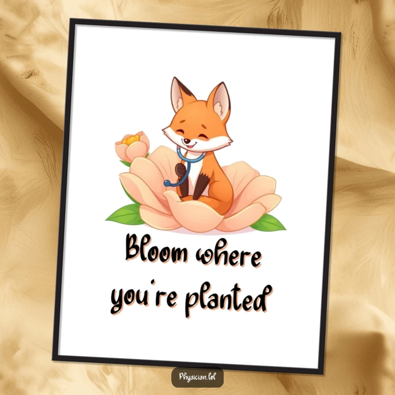 Funny smiling fox with a stethoscope on a giant flower, printed as wall art, a whimsical and humorous nature scene.