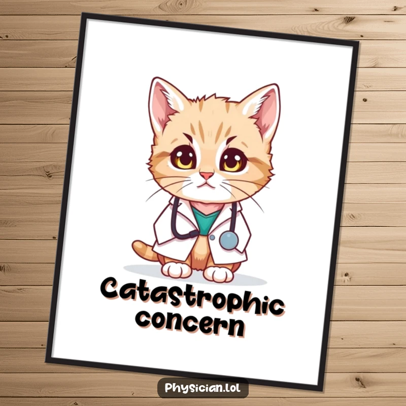 Funny poster of a kitten in a doctor's coat looking genuinely concerned, bringing humorous and heartwarming wall decor.
