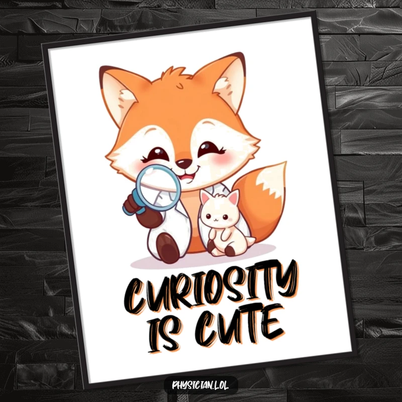 Funny Poster: Whimsical artwork of a grinning fox examining a minuscule patient with a magnifying glass, adding humorous charm to walls.