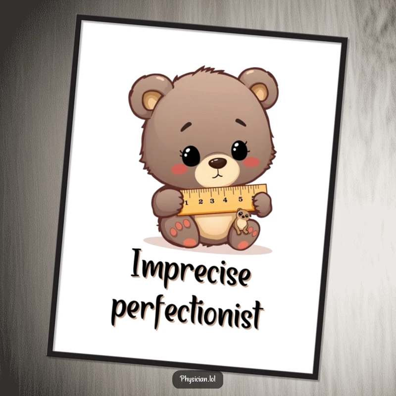 Funny artwork of a curious bear cub doctor meticulously measuring a minuscule patient with an comically oversized ruler.