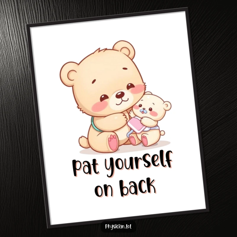 Funny bear cub poster showing a compassionate cub giving a gentle pat, a humorous and heartwarming piece of art.