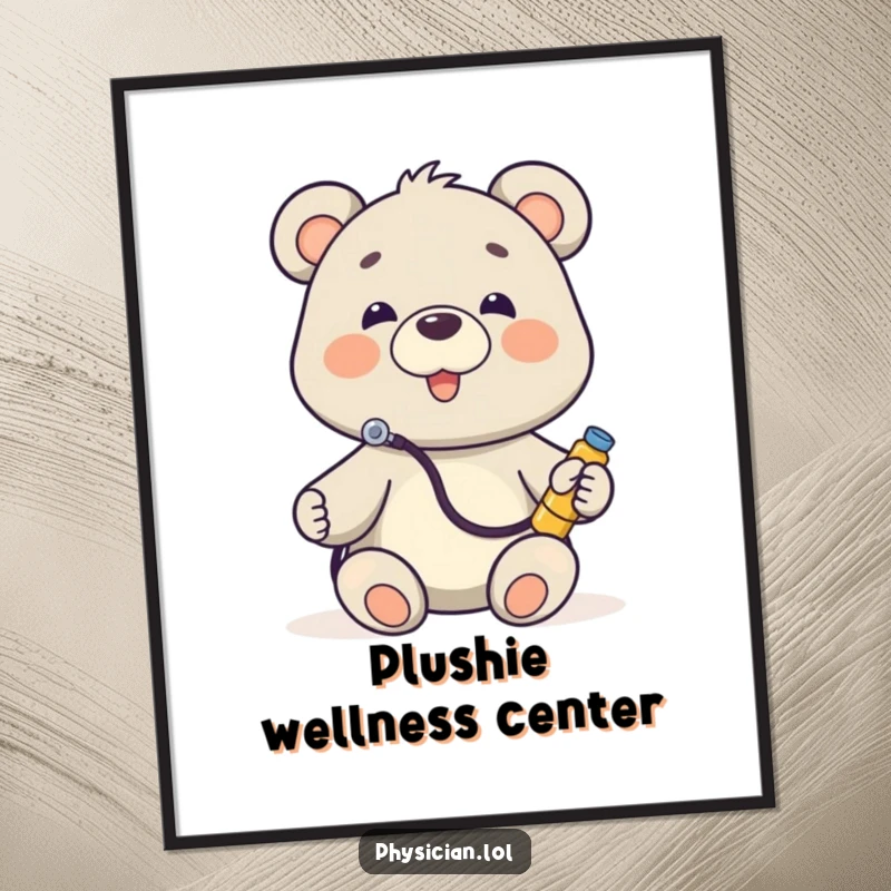 Funny Bear Doctor Poster showcasing a tender moment with a bear in a stethoscope listening to a toy, conveying warmth and wit.