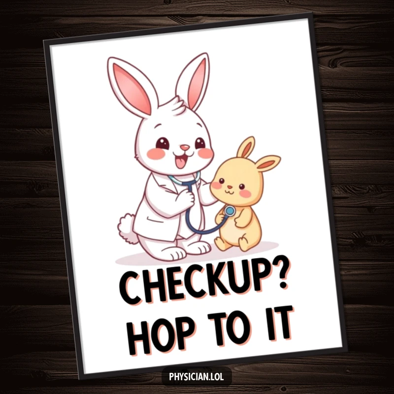 Funny bunny doctor art, stethoscope ready, patient in sight, a cheerful and humorous wall decoration for any room.
