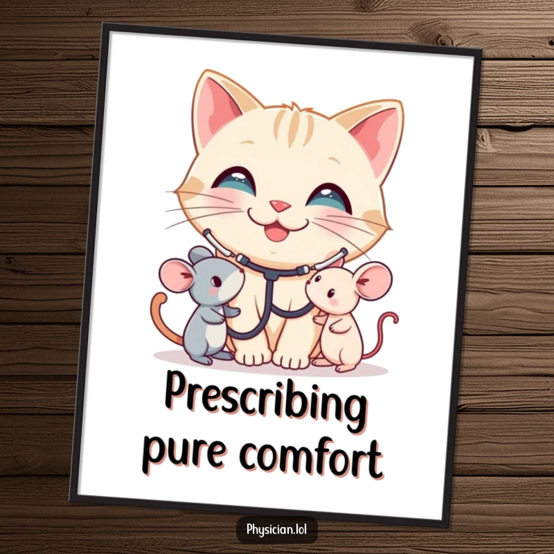 Funny Cat Poster: A smiling cat with a stethoscope listens to a toy mouse. This humorous wall art celebrates care, a funny gift.